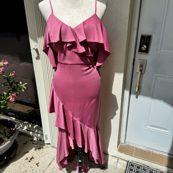 NICOLE MILLER. Pink Spaghetti Strap Ruffle High/Low Gown. S-6. Built in … - Picture 4 of 11